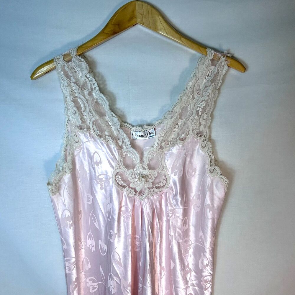 VTG Christian Dior Women's Pink Floral Jacquard Satin Lace Trim Nightgown Sz M - Picture 4 of 15